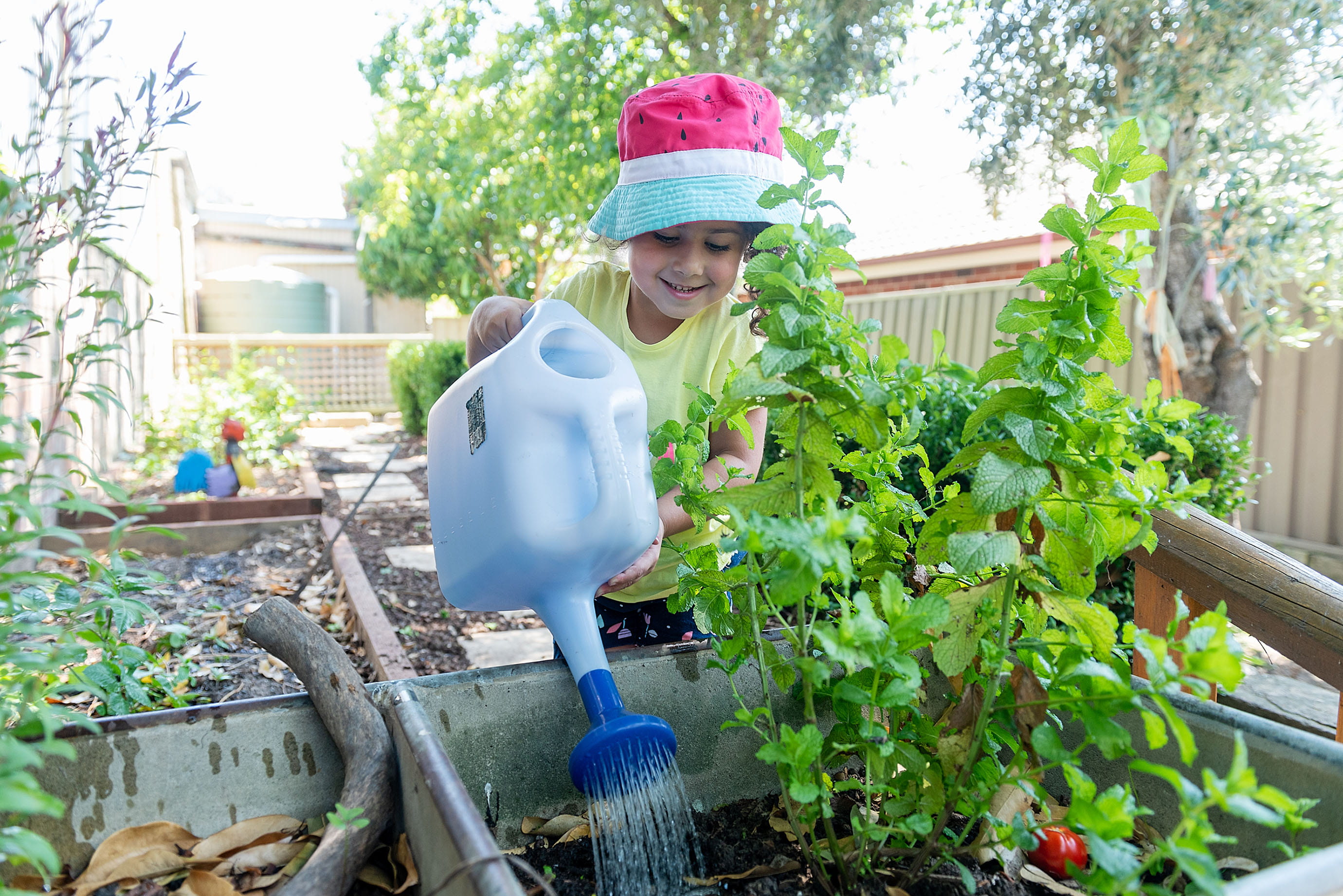 Child watering garden at daycare